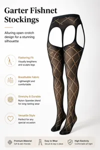 Detailed view of black garter fishnet stockings, featuring open-crotch and breathable design.