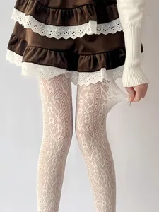White lace tights for women, French retro floral hollow vertical striped pantyhose, summer style.
