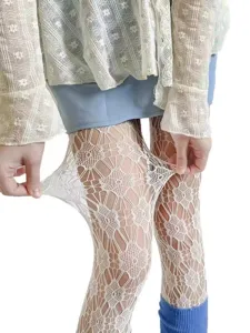 White floral lace hollow-out tights for women, stretchy fishnet stockings for dance and party.