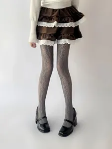 French retro floral vertical striped tights for women, chic hollow out jacquard sheer hosiery detailing.