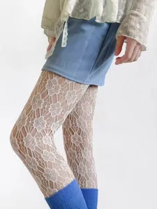 White floral lace hollow pantyhose sexy fishnet tights for women charming fashion style detail