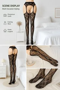 Black fishnet stockings with garter belt design, hollow out diamond pattern lingerie details.