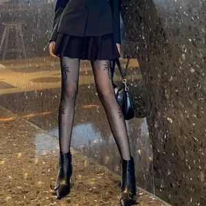 Retro black fishnet pantyhose for women, chic butterfly jacquard pattern mesh hosiery.