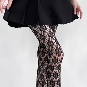 Sexy black hollow fishnet pantyhose for women, intricate lace pattern, perfect for dance and party.
