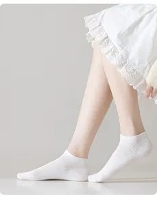 Detailed close-up of women's summer breathable cotton mesh short socks in clean white.