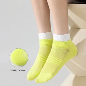 Dopamine yellow cotton short socks for women, breathable mesh ankle socks with seamless toe.