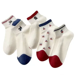 Sommer Damen Kurzsocken süße Katze Kirsche atmungsaktive Mesh weiße Baumwollsocken