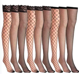 Black fishnet stockings over the knee lace top thigh high hosiery for women sexy style.