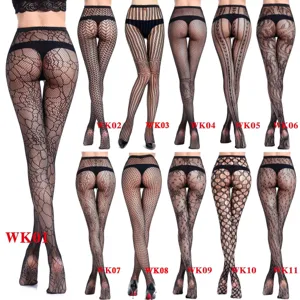Black fishnet tights detail showing intricate lace floral patterns and hollow out design.