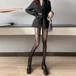 Detailed view of women's sheer patterned tights showing unique animal print design for style.