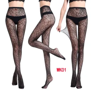 Women sexy hollow jacquard fishnet tights black pantyhose breathable mesh stockings
