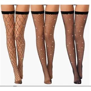 Sexy black rhinestone fishnet stockings thigh high hosiery mesh sparkly diamond socks for women