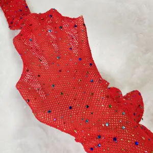 Stunning red rhinestone fishnet stockings detail, sexy sparkly mesh hosiery for women.
