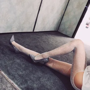 Sparkling rhinestone fishnet stockings for women, sexy hollow out pantyhose and high heels.