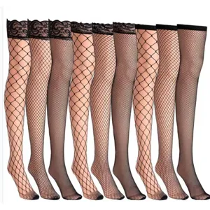 Women black fishnet thigh high stockings lace top sexy hosiery multipack