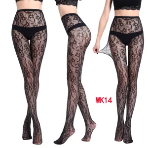 Detail shot of black lace fishnet tights showing floral pattern and high stretch fabric.