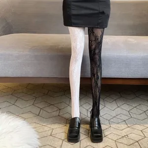 Mujeres medias de encaje color dividido negro blanco asimétrico floral pantimedias sexy pierna