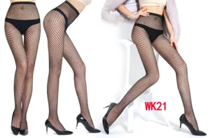 Detailed view of sexy black fishnet tights, mesh hosiery showing diagonal pattern texture.