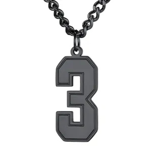 Detailed view of black stainless steel sports jersey number 3 pendant necklace
