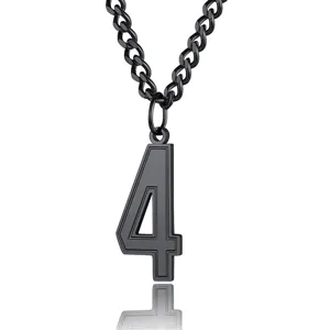 Close-up detailed view of black stainless steel chain necklace with number 4 pendant
