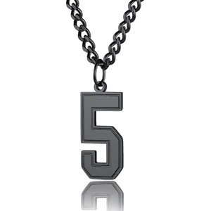 Close-up detail of black stainless steel number 5 pendant necklace