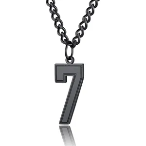 Macro view of black stainless steel number 7 pendant on a thick masculine curb chain.