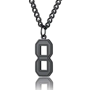 Detailed view of matte black stainless steel necklace with football number 8 pendant