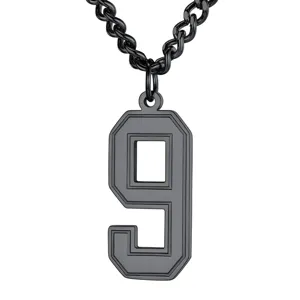Detail of matte black stainless steel necklace with sports style number 9 pendant