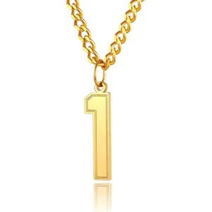 Detailed view of polished gold stainless steel chain with number 1 numeral pendant