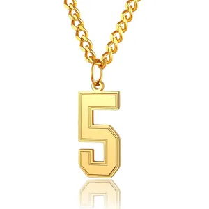 Close-up of gold stainless steel varsity number 5 pendant necklace for men and women