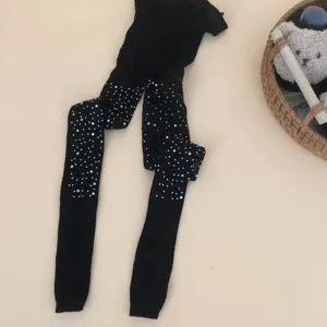 Kids black rhinestone tights, sheer pantyhose with crystals, comfortable spring summer thin hosiery.