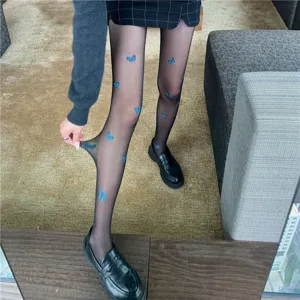 Sexy sheer black pantylhose for women featuring blue butterfly patterns, summer thin tights.