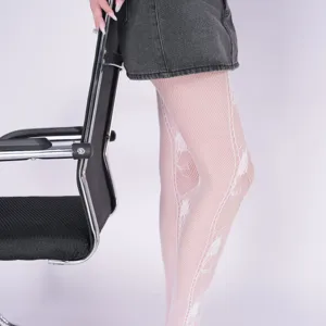Witte kanten visnet panty met bloemenprint, lieve en stoole stijl voor dagelijks gebruik.