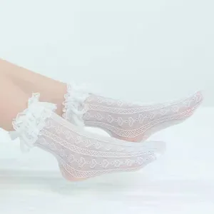 Women Lolita Sweet Lace Slouch Socks Mesh Breathable Heart Pattern Mid Tube Socks