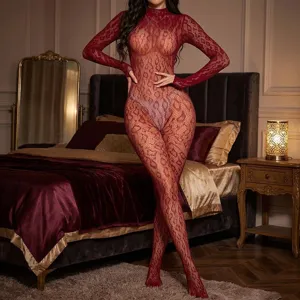 Sexy women long sleeve red lace bodysuit sheer mesh one piece adult lingerie slim fit apparel