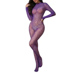 Sexy purple floral lace long sleeve bodysuit, sheer mesh erotic sleepwear for women.