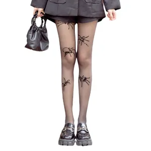 Sheer black tights with stylish spider flocking design, ultra-transparent sexy gothic hosiery.