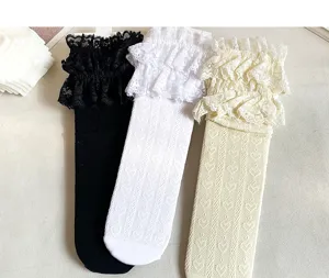 Cute girls lace ruffle socks, breathable mesh summer socks in black white beige colors.