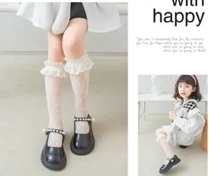 Cute girls lace mesh knee high socks, breathable summer thin princess socks for kids.
