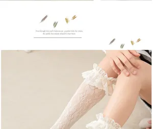 Children white lace mesh socks detailed view, breathable thin summer princess stockings.