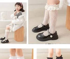 Kids white lace mesh knee high socks cute ruffle summer toddler princess socks detail view.