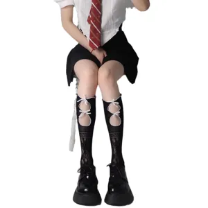 Süße Lolita schwarze Spitzen Wadenstrümpfe mit weißen Schleifen Bändern für Damen Sommer.