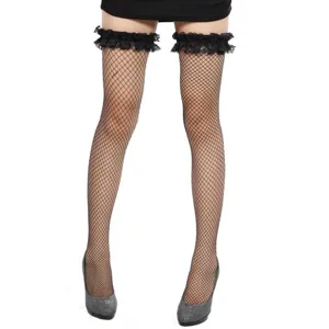Femmes sexy bas résille noir avec bordure en dentelle volants bas cuisse mode 1paire.