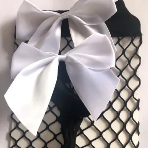Women summer black fishnet pantyhose with elegant white bowknot, sweet style hosiery main.