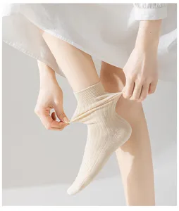 Close-up detail of women's ribbed solid color crew socks showing high elasticity and soft texture.