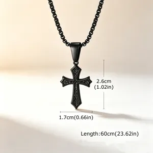 Detailed view of black stainless steel cross pendant showing exact dimensions and chain length