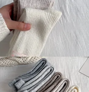 Close-up detail of thick wool knit slouch socks for women, soft ribbed texture and warm style.