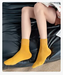 Women cotton mid-tube socks yellow autumn winter sweet embroidered cozy daily casual wear