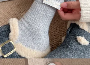Cozy winter wool blend mid tube socks with cute cloth tag, thick warm knit hosiery for women.