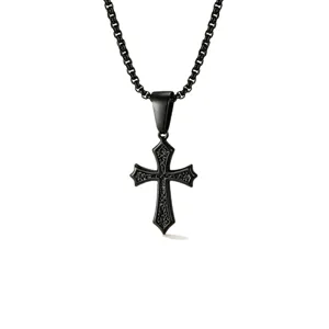 Men's black stainless steel cross pendant necklace with textured diamond pattern